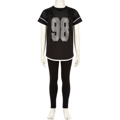 Girls black mesh T-shirt and leggings set